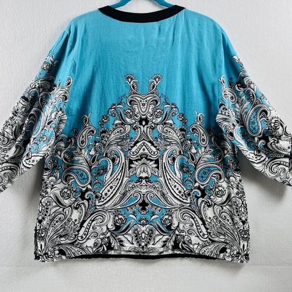 JM Collection Women's Linen Tunic Turqouise Paisley 3/4 Ruched Sleeve 2X - Picture 5 of 9